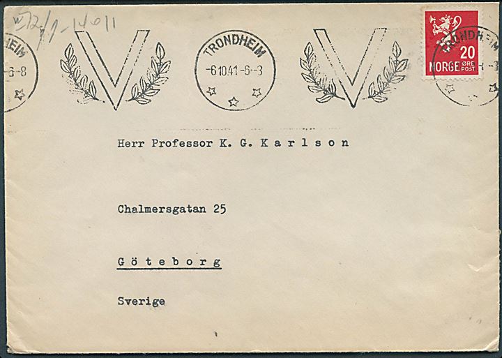 20 øre Løve på brev annulleret med maskinstempel Trondheim / V d. 6.10.1941 til Göteborg, Sverige. Åbnet af tysk censur i Oslo.