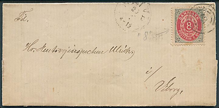 8 øre Tofarvet 19. tryk på landpostbrev med påskrevet 8 under frimærke dateret Nørlem d. 30.7.1880 annulleret med nr.stempel 64 og sidestemplet antiqua Skive d. 30.7.1880 til Viborg. 