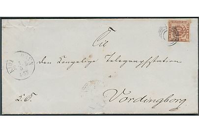 4 sk. 1858 udg. på brev mærket K.T. med laksegl Telegrahp-Directeuren annulleret med nr.stempel 1 og sidestemplet Kiøbenhavn d. 1.5.18xx til den kongelige Telegraphstation i Vordingborg.