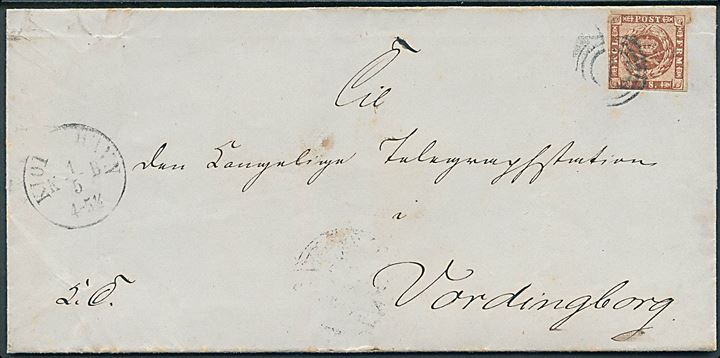 4 sk. 1858 udg. på brev mærket K.T. med laksegl Telegrahp-Directeuren annulleret med nr.stempel 1 og sidestemplet Kiøbenhavn d. 1.5.18xx til den kongelige Telegraphstation i Vordingborg.