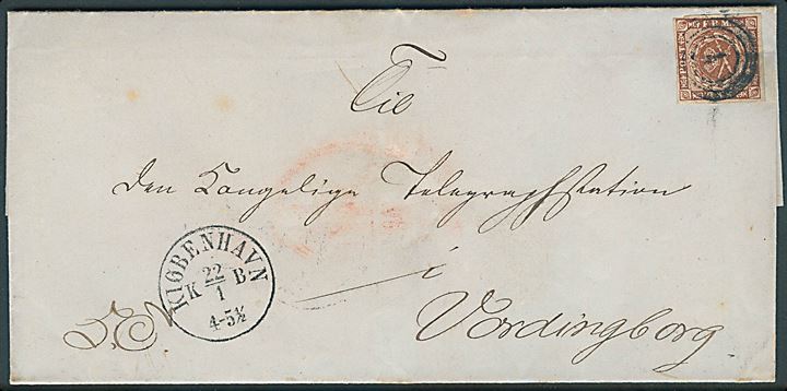 4 sk. 1858 udg. på brev mærket K.T. annulleret med nr.stempel 1 og sidestemplet Kiøbenhavn d. 22.1.18xx til den kongelige Telegraphstation i Vordingborg.