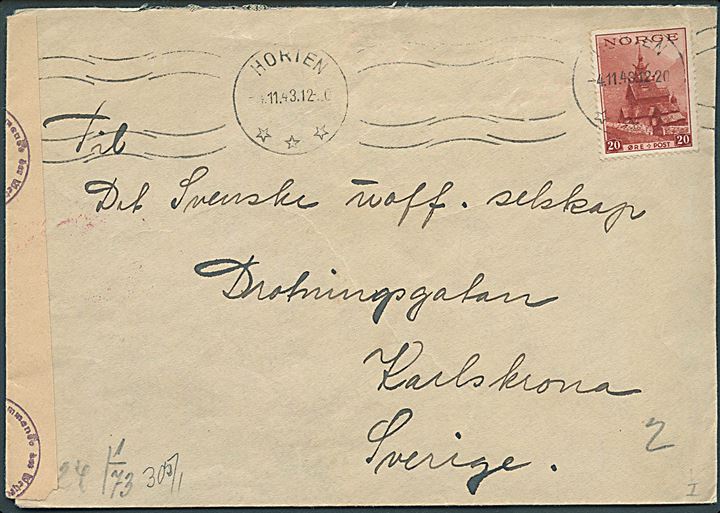 20 øre Turist udg. på brev fra Horten d. 4.11.1943 til Karlskrona, Sverige. Åbnet af tysk censur i Oslo med rammestempel vedr. manglende afsenderangivelse.
