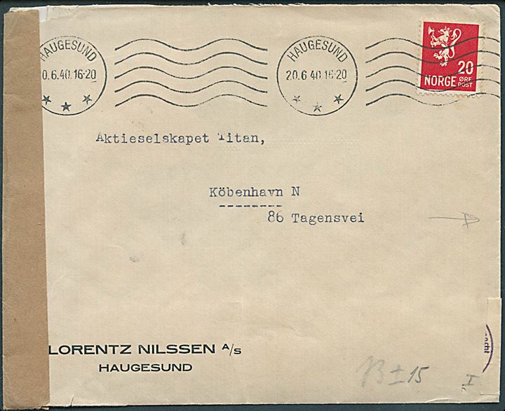 20 øre Løve på brev fra Haugesund d. 20.6.1940 til København, Danmark. Åbnet af tidlig tysk censur i Norge med neutral brun banderole stemplet Åpnet ved tysk censur og igen censuret i Hamburg.