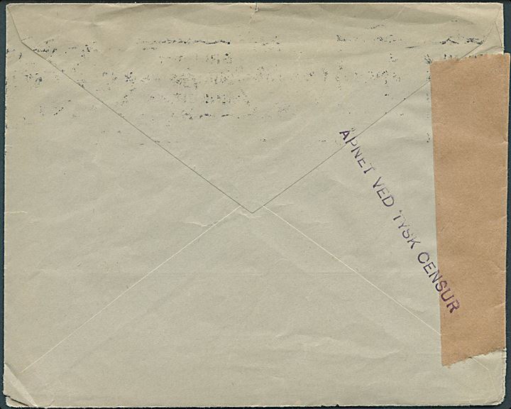 20 øre Løve på brev fra Oslo d. 22.4.1940 til Lidköping, Sverige. Åbnet af tidlig tysk censur i Norge med neutral brun banderole stemplet Åpnet ved tysk censur.