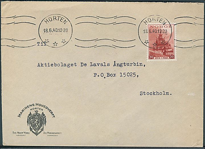 20 øre Turist udg. på brev fra Horten d. 18.6.1940 til Stockholm, Sverige. Tidlig tysk censur i Norge med rødt stempel: Viderebefordring tillatt Tysk censur.