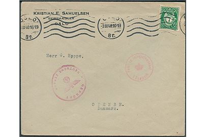 7 øre Posthorn på tryksag fra Oslo d. 3.9.1940 til Odense, Danmark. Passér stemplet med tidligt tysk censurstempel: Geprüft * Deutsche Zensur * og dansk censur.