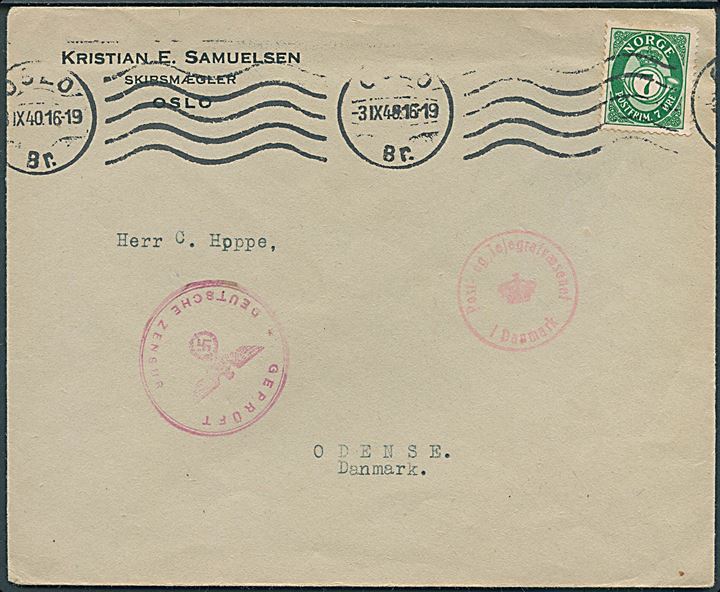 7 øre Posthorn på tryksag fra Oslo d. 3.9.1940 til Odense, Danmark. Passér stemplet med tidligt tysk censurstempel: Geprüft * Deutsche Zensur * og dansk censur.