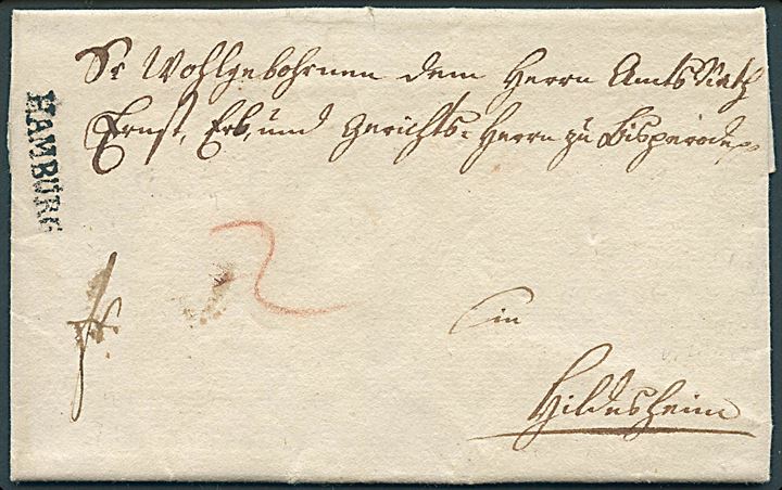 1794. Francobrev med indhold dateret Hamburg d. 5.3.1794 med sort liniestempel HAMBURG til Hildesheim.