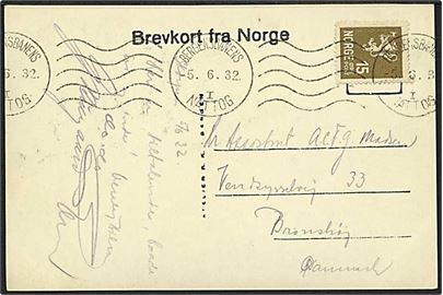 15 øre Løve på brevkort annulleret med bureau maskinstempel Bergensbanens Nattog I d. 5.6.1932 til Brønshøj, Danmark.