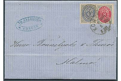 4 øre og 8 øre Tofarvet på brev annulleret med kombineret nr.stempel 37/Korsør d. 4.5.1877 via Kjøbenhavn til Malmö, Sverige.