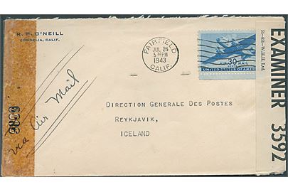30 cents Transport på luftpostbrev fra Fairfield d. 26.7.1943 til Reykjavik, Island. Dobbelt censureret med både amerikansk banderole no. 9809 og britisk PC90/3592.