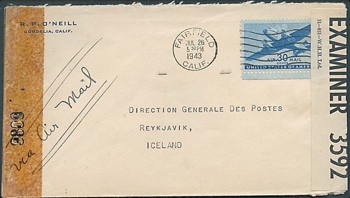 30 cents Transport på luftpostbrev fra Fairfield d. 26.7.1943 til Reykjavik, Island. Dobbelt censureret med både amerikansk banderole no. 9809 og britisk PC90/3592.