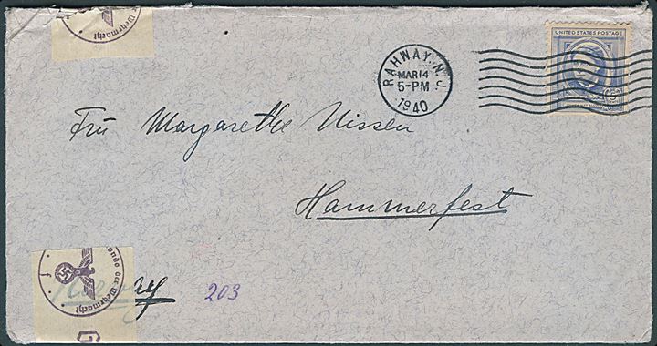 5 cents Alcott single på overfladebrev fra Rahway d. 14.3.1940 til Hammerfest, Norge. Åbnet af tysk censur i Hamburg.