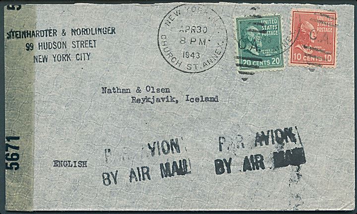 10 cents Tyler og 20 cents Garfield på luftpostbrev fra New York d. 30.4.1943 til Reykjavik, Island. Åbnet af amerikansk censur no. 5671.