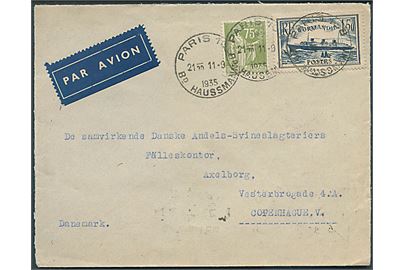 75 c. og 1,50 fr. på luftpostbrev fra Paris d. 11.9.1935 til København, Danmark.