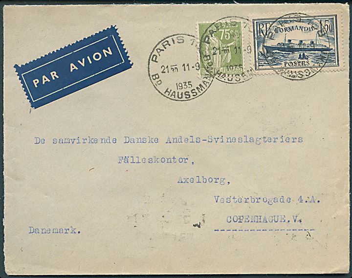 75 c. og 1,50 fr. på luftpostbrev fra Paris d. 11.9.1935 til København, Danmark.