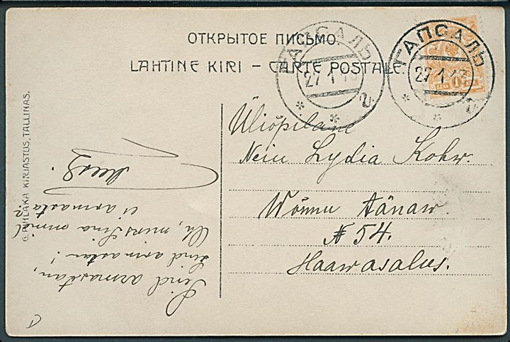 Russisk 1 kop. Våben på lokalt brevkort anvendt i Estland og annulleret Hapsal d. 27.1.1913.
