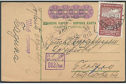 Provisorisk serbisk helsagsbrevkort benyttet som brevkort med 1,50 din. fra Petrovgrad d. 1.7.1943 til Beograd. Lokal serbisk censur. Lukkede arkivhuller.