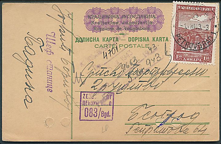 Provisorisk serbisk helsagsbrevkort benyttet som brevkort med 1,50 din. fra Petrovgrad d. 1.7.1943 til Beograd. Lokal serbisk censur. Lukkede arkivhuller.
