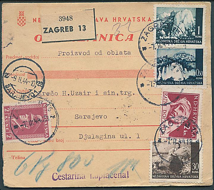 35,50 kuna blandingsfrankeret adressekort for pakke fra Zagreb d. 7.2.1944 til Sarajevo.