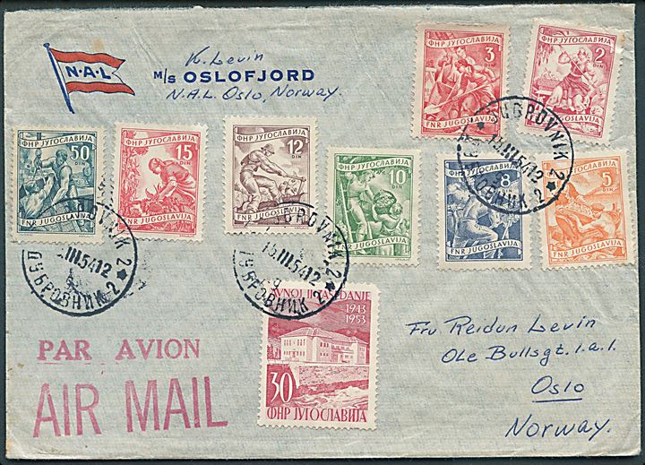 Jugoslavisk blandingsfrankeret fortrykt kuvert fra M/S Oslofjord fra Dubrovnik d. 15.3.1954 til Oslo, Norge.