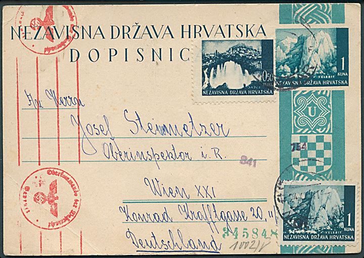 1 kuna helsagsbrevkort opfrankeret med 0,50 kuna og 1 kuna Landskab fra Mostar d. 24.12.1941 til Wien, Tyskland. Tysk censur fra Wien.