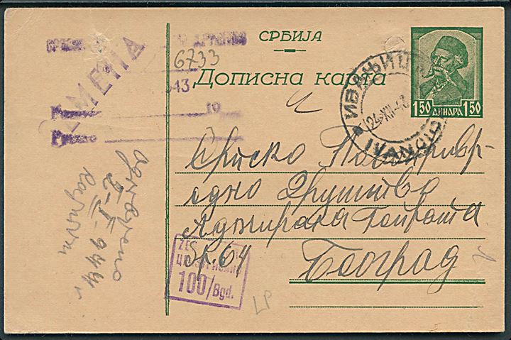 1,50 din. helsagsbrevkort fra Ivanoica d. 24.12.1943 til Beograd. Lokal serbisk censur.
