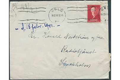 20+10 øre Nansen på brev fra Oslo d. 14.2.1941 til Radiotjänst i Stockholm, Sverige. Åbnet af tysk censur i Oslo.