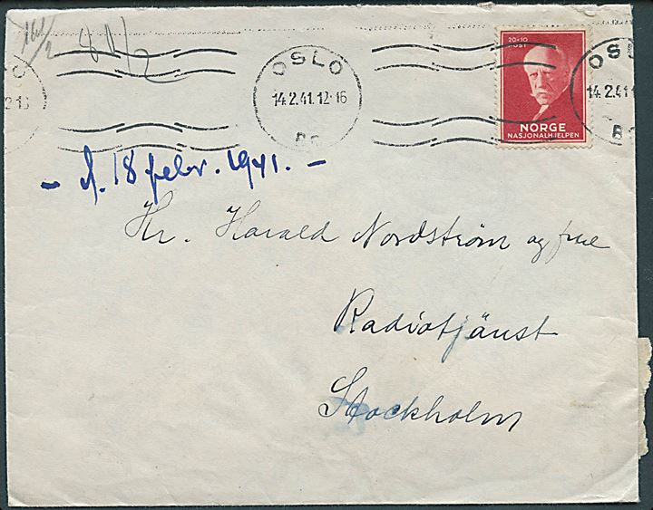 20+10 øre Nansen på brev fra Oslo d. 14.2.1941 til Radiotjänst i Stockholm, Sverige. Åbnet af tysk censur i Oslo.