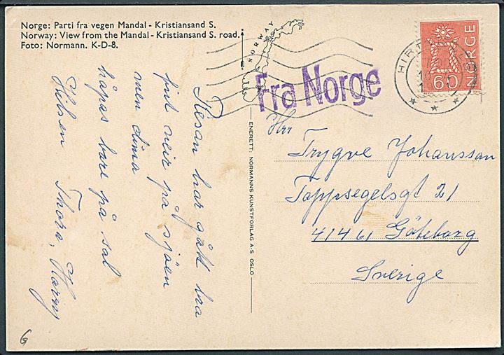 60 øre på brevkort (Parti fra Mandal - Kristiansand S.) annulleret med dansk stempel i Hirtshals d. 10.4.1971 og sidestemplet Fra Norge til Göteborg, Sverige.