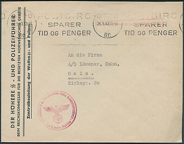 Ufrankeret fortrykt tysk tjenestebrev fra Der Höhere SS - und Poizeiführer beim Reichskommissar für die besetzten norwegischen Gebiete sendt lokalt i Oslo . 26.5.1943. Rødt briefstempel.
