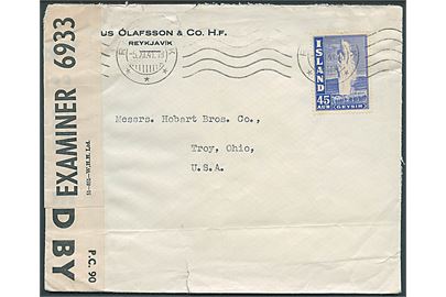 45 aur Geysir single på brev fra Reykjavik d. 5.11.1941 til Troy, USA. Åbnet af britisk censur PC90/6933. Folder.