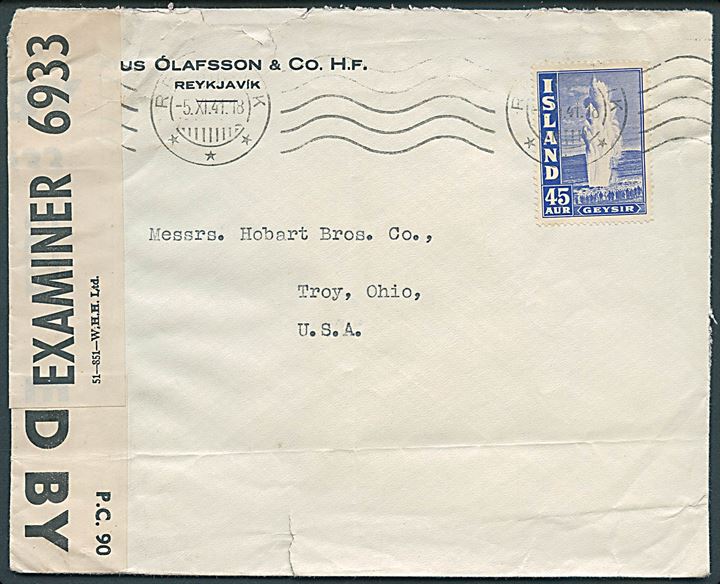 45 aur Geysir single på brev fra Reykjavik d. 5.11.1941 til Troy, USA. Åbnet af britisk censur PC90/6933. Folder.