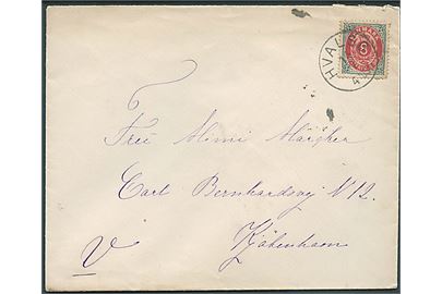 8 øre Tofarvet på brev annulleret med lapidar Hvalsø d. 14.7.1893 til Kjøbenhavn.