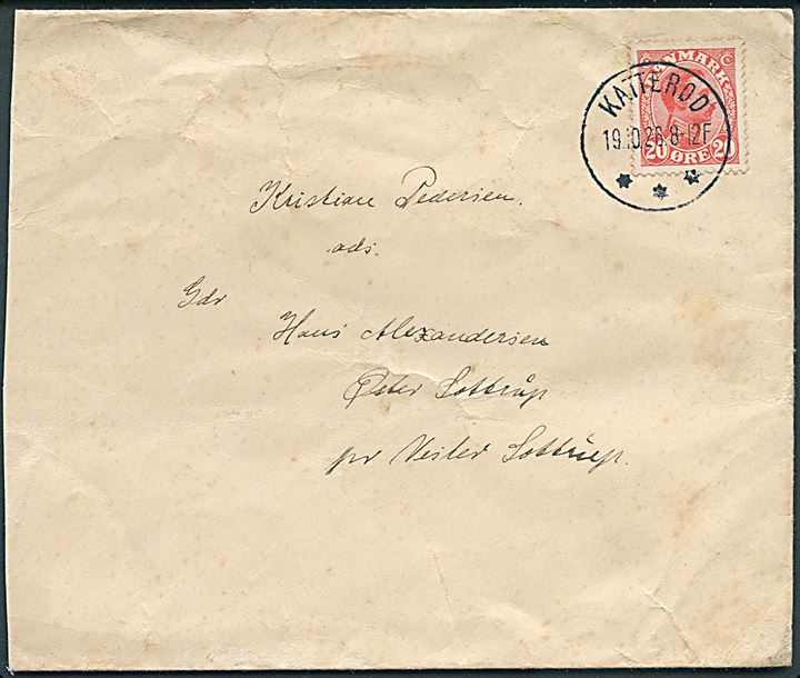 20 øre Chr. X på brev annulleret med tydeligt brotype IIIb Katterød d. 19.10.1926 til Vester Sottrup.