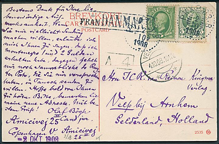 Dansk 5 øre Fr. VIII og svensk 5 öre Oscar II på brevkort (Parti fra Humlebæk) annulleret med svensk bureaustempel PKXP 83B d. 2.10.1908 og sidestemplet Från Danmark til Velp, Holland. 