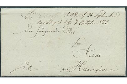 1820. Tjenestebrev påskrevet K.T. med fuldt indhold fra Kjøbenhavn d. 26.9.1820 til den fungerende Tolder paa Anholt via Helsingør. Noteret modtaget d. 7.10.1820.