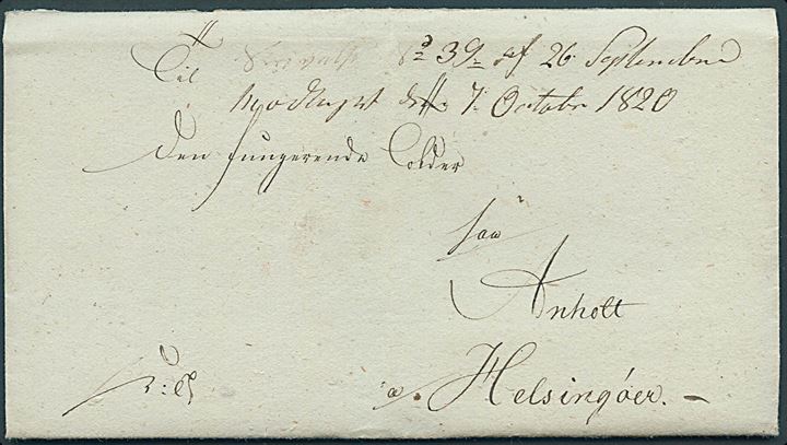 1820. Tjenestebrev påskrevet K.T. med fuldt indhold fra Kjøbenhavn d. 26.9.1820 til den fungerende Tolder paa Anholt via Helsingør. Noteret modtaget d. 7.10.1820.