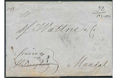 1848. Francobrev med antiqua K.P.A. Aalborg d. 10.11.1848 via Strömstad til Mandal, Norge. Flere påtegninger.