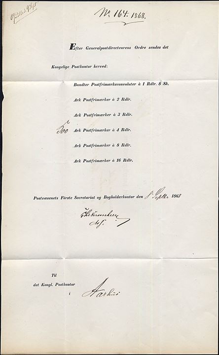 1868. Pakkefølgebrev for værdipakke med 500 ark 8 sk. frimærker fra Kjøbenhavn d. 8.9.1868 til det kongelige postkontor i Aarhus. 