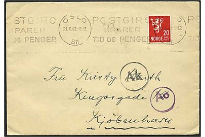 20 øre Løve på brev fra Oslo d. 21.6.1943 til København, Danmark. Passér stemplet ved den tyske censur i både Oslo og København.
