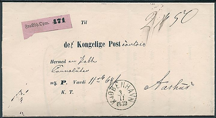 1869. Pakkefølgebrev for værdi-tjenestepakke med 20 bundter Postfrimærkeconvoluter fra Kjøbenhavn d. 3.11.1869 til det kgl. postkontor i Aarhus.