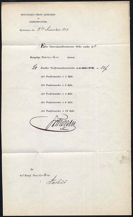1869. Pakkefølgebrev for værdi-tjenestepakke med 20 bundter Postfrimærkeconvoluter fra Kjøbenhavn d. 3.11.1869 til det kgl. postkontor i Aarhus.
