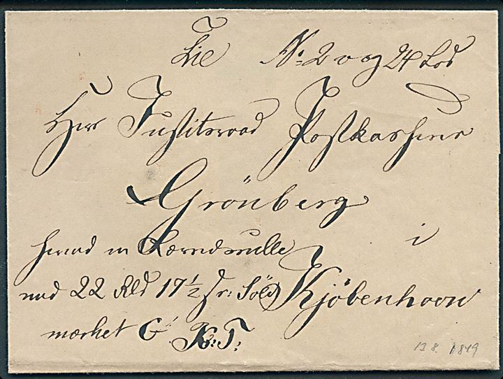 1849. Pakkefølgebrev for tjeneste værdipakke mærket K.T. til Kjøbenhavn. På bagsiden laksegl fra Nykjøbing i Jylland Postkontor med kong Fr. VII's monogram. Iflg notat dateret d. 13.2.1849.