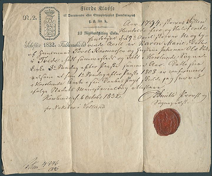 1832. Attest på 10 R.B.S. Sølv stemplet papir fra Horslunde d. 6.10.1832.