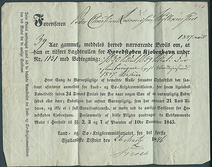 1846. Bevis fra Land- og Sø-Krigscommissariatet for det første Sjællandske District dateret d. 26.3.1846 for soldat i Lægdsrullen for Hovedstaden Kjøbenhavn.