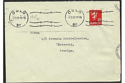 20 øre Løve på brev fra Oslo d. 7.2.1942 til Västervik, Sverige. Åbnet af tysk censur i Oslo.
