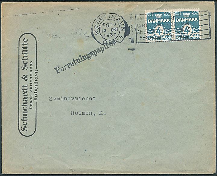 4 øre Bølgelinie i parstykke på lokal forretningspapirer sendt i København d. 19.10.1937.