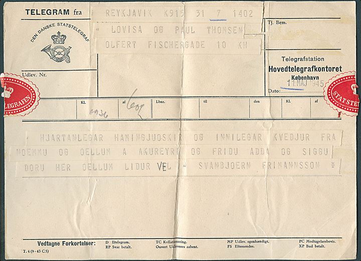 Den danske Statstelegraf telegramformular med meddelelse fra Reykjavik d. 11.5.1945 til København, Danmark. Ingen tegn på censur.