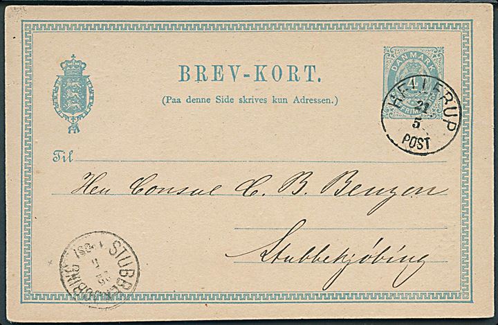 4 øre helsagsbrevkort sendt som tryksag og annulleret med lapidar Hellerup d. 21.5.1881 til Stubbekjøbing.